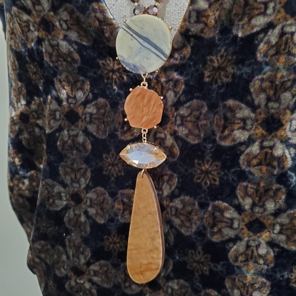 Bold Statement Pendant Necklace Celluloid & Stone Mix Media Gold Link Chain - Picture 4 of 9